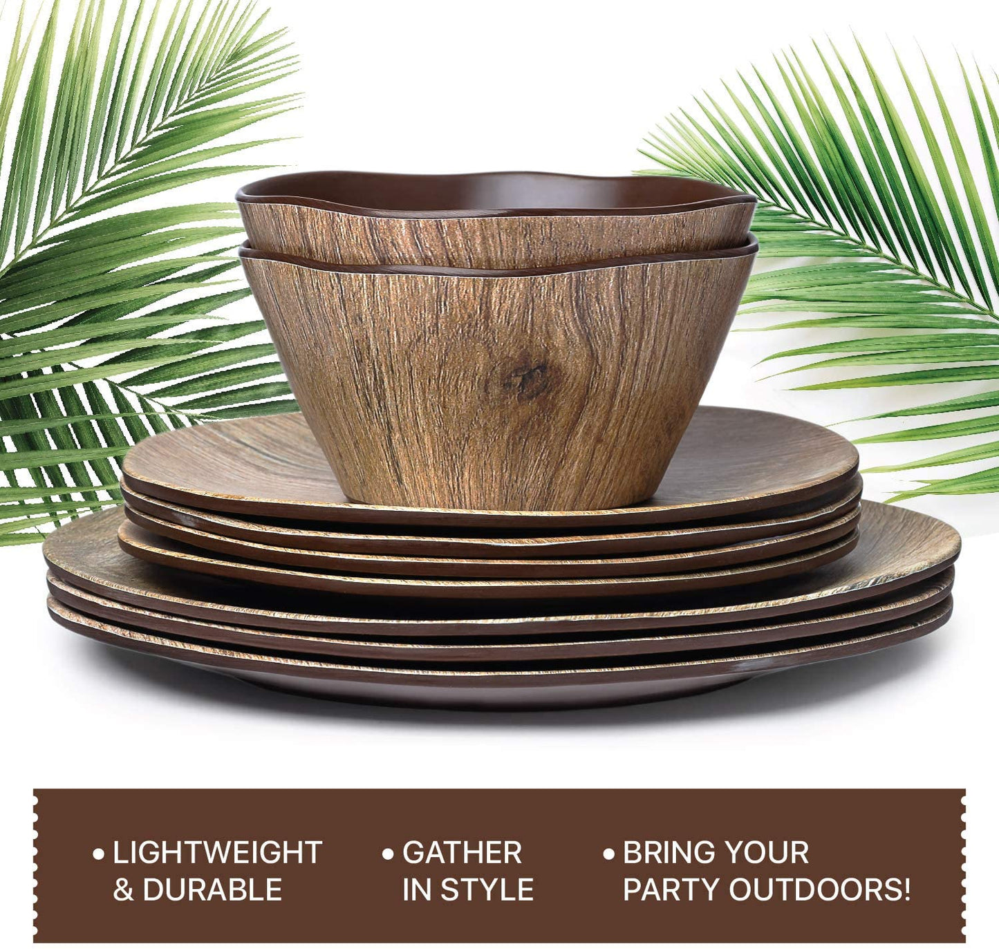 Melamine Dinnerware Sets - 12 Pcs Melamine Plates Outdoor Plates Summer Plates and Bowls Sets Melamine Plates Ideal Camping Dish Set Dinnerware Set for 4 Dishwasher Safe (Wood Grain)