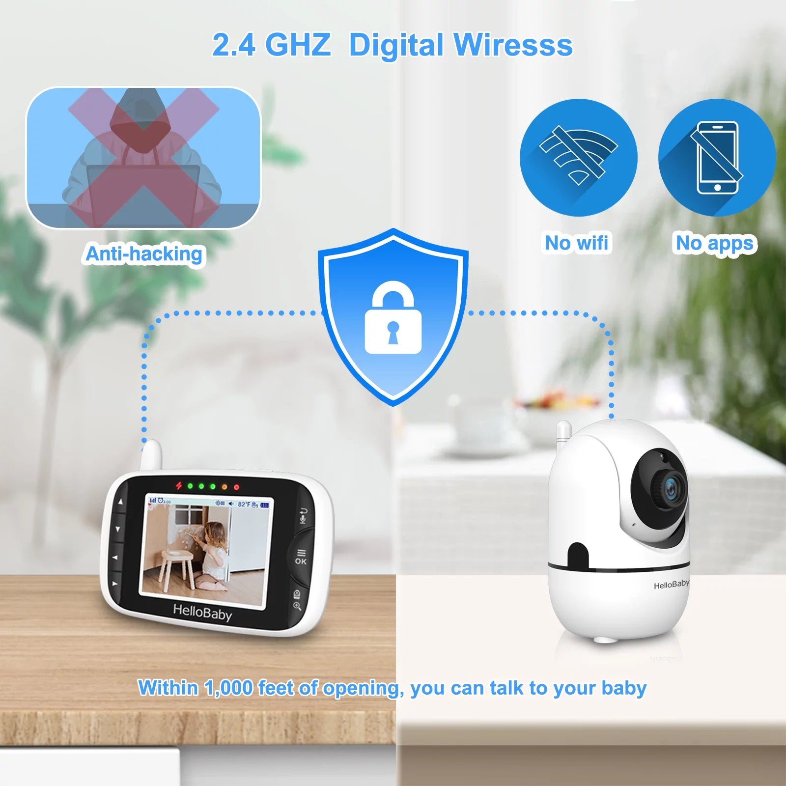 3.2" Video Baby Monitor with Remote Pan-Tilt-Zoom Camera, Night Vision, 2-Way Talk, Temperature Sensor, 960Ft Range