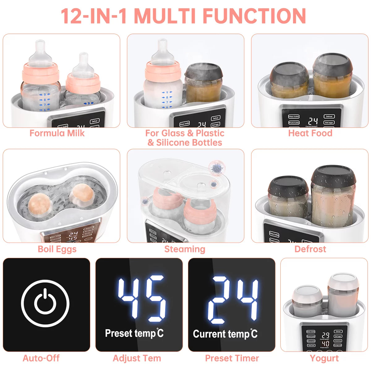 12-In-1 Baby Double Bottles Warmer with LCD Touch Display