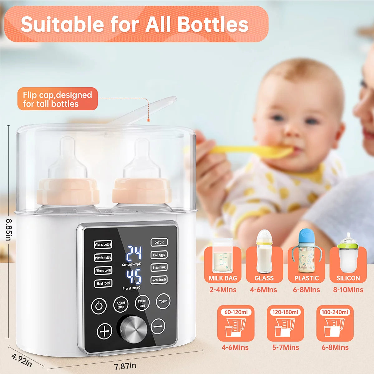 12-In-1 Baby Double Bottles Warmer with LCD Touch Display