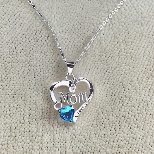 I LOVE YOU Mom Birth Stones Necklace, Silver Love Hear Necklace.