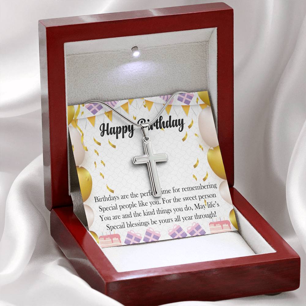 Happy Birthday Stainless Cross Necklace w/ MC