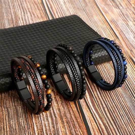  "Men's Classic Multi-Layer Leather Bracelet with Tiger Eye Beads – Stylish & High-Quality Jewelry Gift"