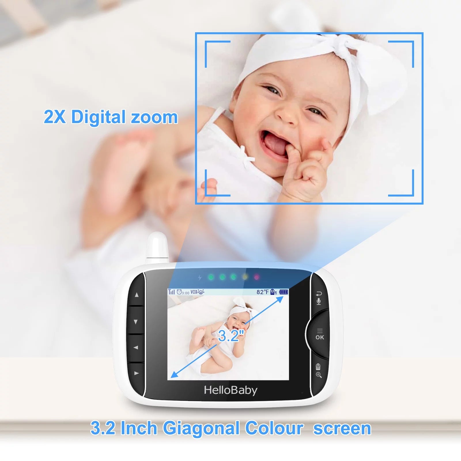 3.2" Video Baby Monitor with Remote Pan-Tilt-Zoom Camera, Night Vision, 2-Way Talk, Temperature Sensor, 960Ft Range